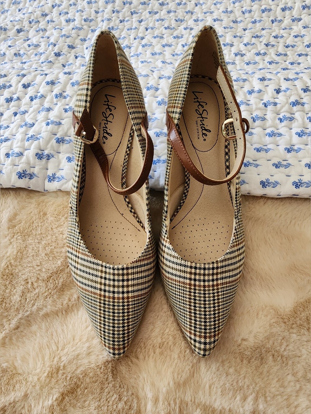 LifeStride Plaid Pointed Toe Mary Jane Pumps Heels Brown Cream Size 8.5W